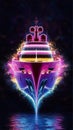 An awe-inspiring 3D hologram design of a luxurious yacht, illuminated by a dazzling array of neon colors