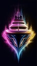 An awe-inspiring 3D hologram design of a luxurious yacht, illuminated by a dazzling array of neon colors
