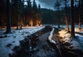 A winter stream in a snowy forest.