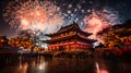 An awe-inspiring display of fireworks lighting up the night sky, signifying the grandeur and jubilation of Chinese New Year festiv