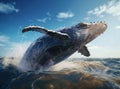 Awe-inspiring humpback whale breaching ocean surface, mouth open against blue sky and horizon. Royalty Free Stock Photo