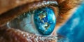 Close-up of blue eye with Earth reflected in iris, portraying a serene and captivating view Royalty Free Stock Photo