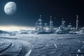 An awe-inspiring image of a futuristic city set on a snow-covered surface, with a breathtaking moon hovering in the background,