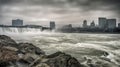 The mighty Niagara Falls thundering down in full force with a misty sky behind it created with Generative AI