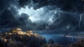 Greek temples illustration showcasing ancient greece in all its glory night scene with thunderstorm
