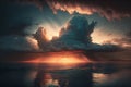 Awe-inspiring scene of a dramatic cloudscape engulfing the sky above the tranquil sea at sunrise. Generative AI