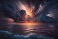 Awe-inspiring scene of a dramatic cloudscape engulfing the sky above the tranquil sea at sunrise. Generative AI