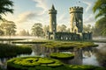 Historical Fortress of Stone Blocks Rising in a Moss-Covered Swamp, Amidst a Canopy of Trees, Half-Open Sky. AI generated
