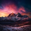 Awe-inspiring view of snow-covered mountains at sunset. AI-generated.