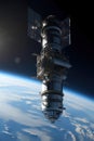 Awe-inspiring view of the space station orbiting Middle Earth with lens flares, colossal tower, big clouds, and visible vacuum