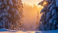 Sunbeams piercing through snowy forest trees at sunrise or sunset Royalty Free Stock Photo
