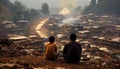 Awe struck woman and child gazing upon the ruins of a city decimated by a powerful earthquake Royalty Free Stock Photo