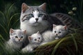 Aweinspiring Sight Adorable Asian Cat And Trio Of Kittens Enjoy Sprinkly Sunshine In The Lush Green Grass. Generative AI