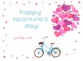 Pink heart-shaped balloons are tied to a blue retro bike for Valentine`s Day greetings. Mockup of greeting card