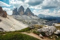 Awesome alpine highlands in sunny day. Amasing nature landscape. Tre Cime di Laveredo, three spectacular mountain peaks in Tre