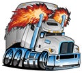 Semi Truck Tractor Trailer Big Rig, White, Flaming Exhaust, Lots of Chrome, Cartoon Isolated Vector Illustration