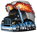 Semi Truck Tractor Trailer Big Rig, Black, Flaming Exhaust, Lots of Chrome, Cartoon Isolated Vector Illustration Royalty Free Stock Photo