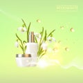 Awesome bouquet of snowdrop galantus and bottle, jar with a regenerate cream for your body. Skin shampoo cosmetics