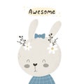 Awesome . cartoon bunny, hand drawing lettering. colorful flat style illustration for kids.