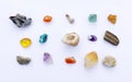 A beautiful collection of mineral stones, gems, crystals, geode on a white background. Stones for stone therapy, lithotherapy,