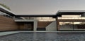 Awesome contemporary design high tech house. Evening view. Flat roof and luxury wooden facade. 3d render.