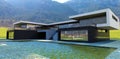 Awesome design suburban house in forest mountains. Big swimming pool. 3d render.
