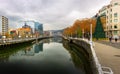 Awesome evening autumn panoramic cityscape view of embankment Estuary of Bilbao. Bilbao, Biscay, Basque country - warm winter in