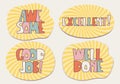 Awesome, Excellent, Good job, Well done - sticker quote lettering on a retro background with swirl stripes. Cute hand