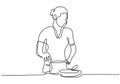 Awesome Girl cooking food continuous one line drawing vector illustration. Woman enjoy making foods