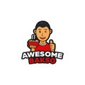 Awesome good bakso meatball and noodles logo mascot character with bald head of bakso indonesia cuisine