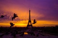 Awesome incredible pink-orange-lilac sunrise. View of the Eiffel