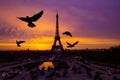 Awesome incredible pink-orange-lilac sunrise. View of the Eiffel