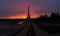 Awesome incredible pink-orange-lilac sunrise. View of the Eiffel