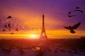 Awesome incredible pink-orange-lilac sunrise. View of the Eiffel