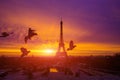 Awesome incredible pink-orange-lilac sunrise. View of the Eiffel