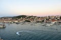 An awesome and interesting full view of the town of Trogir, outside of Split, Croatia on a beautiful summer evening.