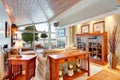 Awesome living room interior with sloped wooden ceiling.