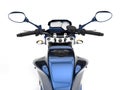 Awesome metallic blue modern motorcycle - in the seat view