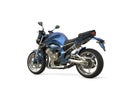 Awesome metallic blue modern motorcycle - tail view