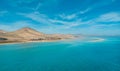 Awesome mid level aspect aerial panoramic view of the beautiful beach, lagoon and sand dunes at Sotavento on Fuerteventura Royalty Free Stock Photo