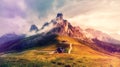 Awesome nature landscape. fantastic view of famous Dolomites mountain peaks glowing in beautiful golden morning light at sunrise Royalty Free Stock Photo