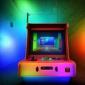 Awesome picture of the arcade machine with neon lights and bright effects. Future of gaming concept. Generative AI