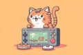 Awesome picture of the cute ginger cat with an arcade machine gameboy kind of console with lights and bright effects.
