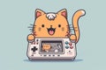 Awesome picture of the cute ginger cat with an arcade machine gameboy kind of console with lights and bright effects.