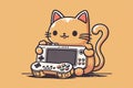 Awesome picture of the cute ginger cat with an arcade machine gameboy kind of console with lights and bright effects.