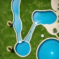 An awesome pool seen from above surrounded by grass in a sunny and bright day