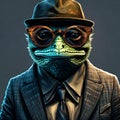 Awesome portrait of a humanoid lizard looking front in an attitude , 3d rendered illustration, can be used for NFT