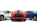 Awesome red modern SUV with white and blue cars on each side