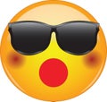 Awesome shocked emoji in sunglasses. Cool yellow face emoticon wearing shades and having blushing cheeks and mouth wide open, as