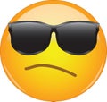 Awesome snobbish and arrogant emoji wearing sunglasses. Yellow face emoticon wearing shades and having small, intent frown as a